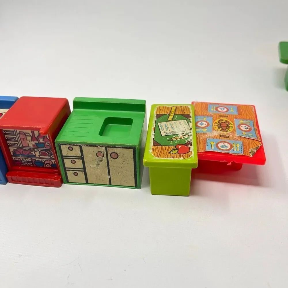 Vintage Playskool 1974 Blockhead Square Little People Familiar Places Lot 23 Pcs